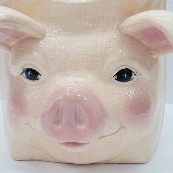 Handpainted Ceramic Smiling Pig Flowerpot Canister Vase Rosie Cheeks Texture '91 - Picture 2 of 12
